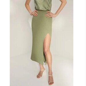 Aritzia Wilfred High-Rise Ribbed Knit High Slit Midi Skirt Sage Frost Green XS
